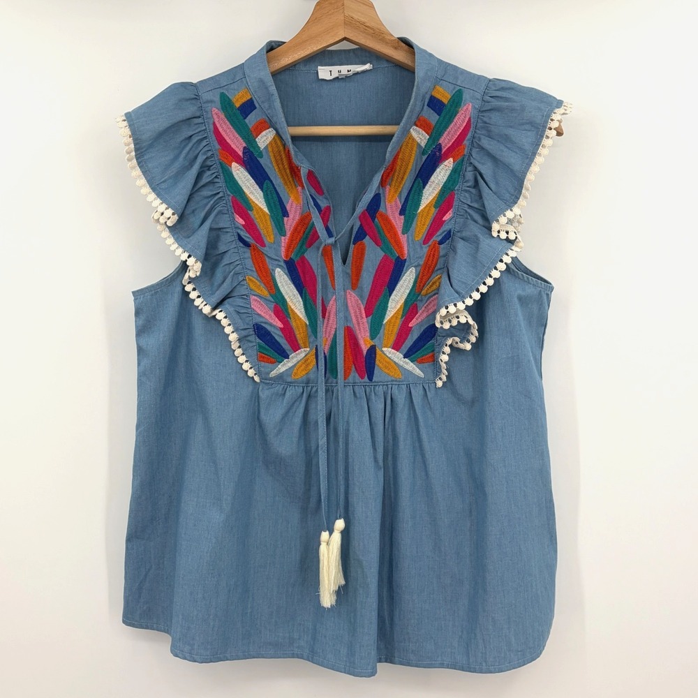 THML Anthropologie Chambray Embroidered Boho Top Womens Small